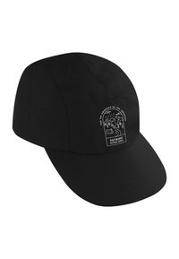 Schwarze Mütze mit strukturiertem Design, mit gebogenem Schirm und einem weißen aufgedruckten Motiv auf der Vorderseite, das Berge und Bäume zeigt.