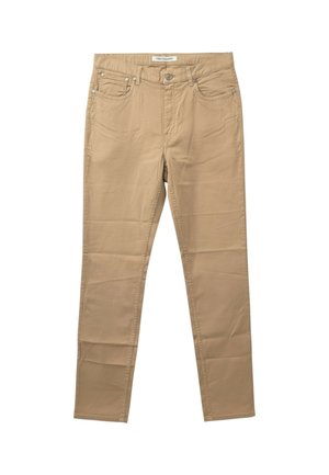 Pantaloni beige a taglio slim con chiusura frontale con bottone e zip, cinque tasche e passanti per cintura, distesi su uno sfondo bianco.