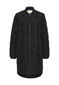 Veste noire matelassée avec un col de pilote, fermeture éclair sur le devant et manches longues. Présente un motif en losange et un ourlet légèrement arrondi.