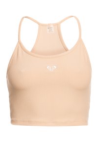 Peach ribbed crop top with a racerback design. Features a small white heart logo on the chest and smooth elastic fabric.