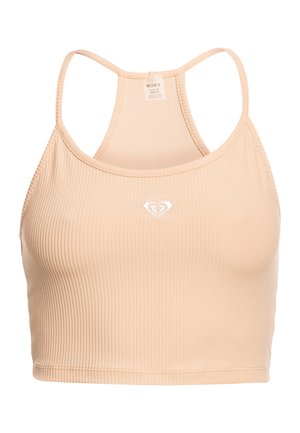 Ροδακινί ριγέ cropped top με σχέδιο racerback. Διαθέτει ένα μικρό λευκό λογότυπο σε σχήμα καρδιάς στο στήθος και απαλό ελαστικό ύφασμα.