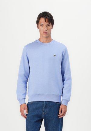 Light blue sweatshirt with a round neckline and ribbed cuffs. Features a small green logo on the chest. Paired with blue jeans.