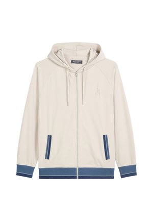 Lichtbeige zip-up hoodie met een capuchon, met marineblauwe accenten op de zakken en de zoom, en subtiele borduursels van het logo op de borst.