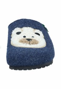 Blue felt slipper featuring a bear face design with cream and brown accents, textured surface, and a black rubber sole.
