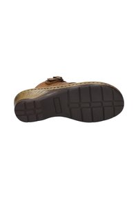 Brown leather sandal with a textured sole, adjustable buckle, and woven detailing on the sides. Flexible rubber outsole.