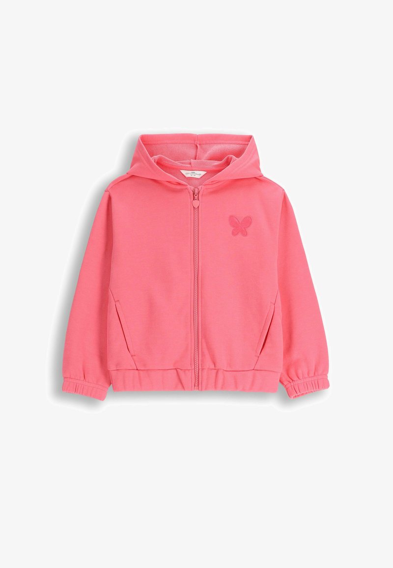 Różowa bluza z suwakiem, z kapturem, elastycznymi mankietami i u dołu. Posiada wyszywany wzór motyla na lewej piersi oraz dwie boczne kieszenie.