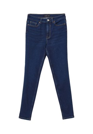 Jean skinny en denim bleu foncé. Présente une taille mi-haute, cinq poches, un bouton en métal avec fermeture éclair et des coutures classiques.
