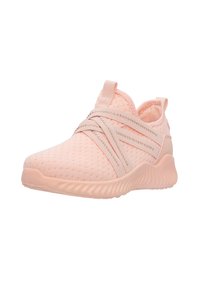 Helle rosa Sportschuh mit atmungsaktivem Mesh-Obermaterial, elastischen Kreuzriemen und Gummisohle mit strukturiertem Wellenmuster.