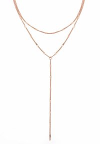 Collana a strati in oro rosa con catene sottili, caratterizzata da un lungo pendente centrale e anelli testurizzati per un tocco di dettaglio.