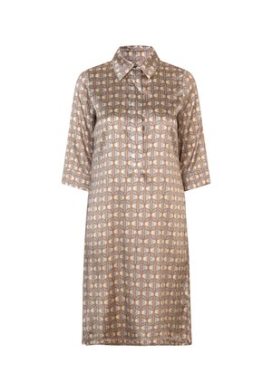 Musterkleid aus einem seidigen Stoff. Verfügt über einen Kragen, Dreiviertelärmel und ein geometrisches Design in Beige, Braun und Hellblau.