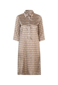 Musterkleid aus einem seidigen Stoff. Verfügt über einen Kragen, Dreiviertelärmel und ein geometrisches Design in Beige, Braun und Hellblau.