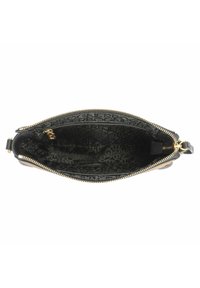 Schwarze Handtasche mit goldenem Reißverschluss, ausgestattet mit einem markanten Innenfutter und glattem Lederaußenmaterial, das ein geräumiges Design präsentiert.