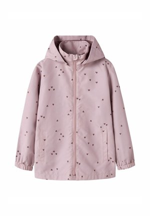 Veste à capuche pour enfants de couleur violet clair avec fermeture éclair à l'avant et petits motifs de cœurs sombres éparpillés sur le tissu.
