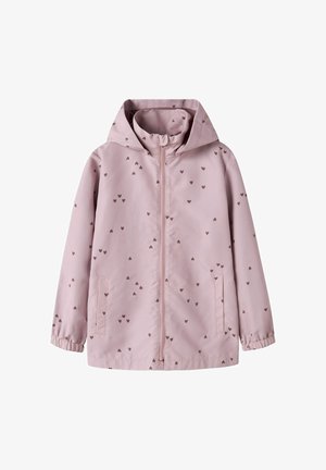 Gaiši violets bērnu kapučveida jaciņa ar priekšējo rāvējslēdzēju un mazām tumšām sirds rakstura zīmēm izkaisītām pa audumu.