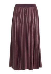 Falda midi plisada de tela púrpura oscuro brillante con una amplia cintura elástica.
