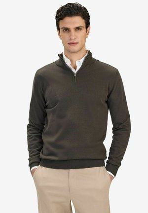 Mand iført mørke olivengrøn kvartlynlåsstriktrøje over hvid skjorte og beige bukser, stående med hænderne i lommerne mod en ensfarvet baggrund.