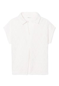 Chemise blanche à col, à manches courtes, avec un motif texturé en zigzag, offrant une coupe décontractée et un ourlet droit.