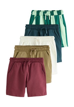 Fünf Shorts-Paare in verschiedenen Farben: Weinrot, Khaki, Weiß, Dunkelgrün und grün gestreift. Alle haben elastische Bundweiten und Taschen.