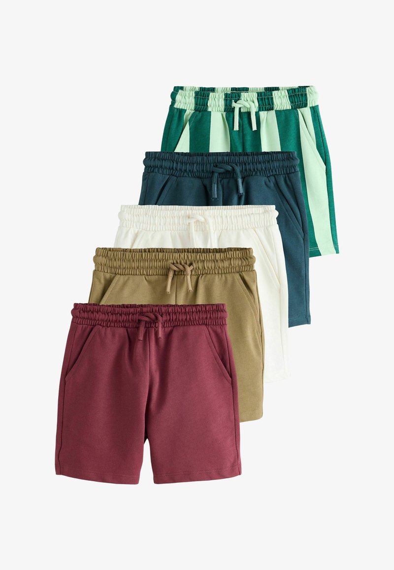 Fünf Shorts-Paare in verschiedenen Farben: Weinrot, Khaki, Weiß, Dunkelgrün und grün gestreift. Alle haben elastische Bundweiten und Taschen.