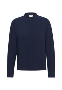 Maglietta a maniche lunghe blu navy con colletto tondo e chiusura frontale con bottoni. Realizzata in un tessuto liscio con una vestibilità comoda e cuciture minime.