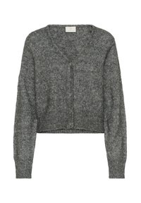 Harmaa lyhythihainen neuletakki, joka on valmistettu teksturoituneesta neuleesta. Siinä on V-mallinen kaula-aukko, napitus ja ribattuja hihansuita. Pehmeä, rento muotoilu, joka soveltuu kerroksittain käytettäväksi.