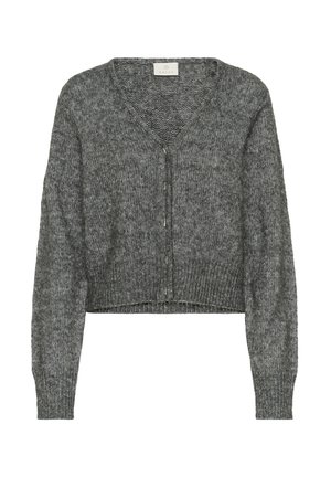 Pilkas trumpas kardiganas, pagamintas iš tekstūruoto mezgimo, su V formos apykakle, mygtukų uždarymu ir varstytomis rankovėmis. Minkšta, kasdieniška dizaino, tinkama sluoksniavimui.