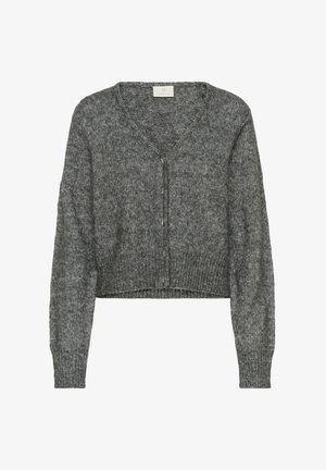 Grau geschnittene Strickjacke aus einem strukturierten Material mit V-Ausschnitt, Knopfverschluss und gerippten Bündchen. Weiches, lässiges Design, das sich gut zum Schichten eignet.