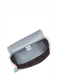 Borsa a tracolla rettangolare con esterno rosa chiaro, fodera grigia e tasca in rete. Caratterizzata da una chiusura con zip e un'etichetta con il logo Kipling all'interno.
