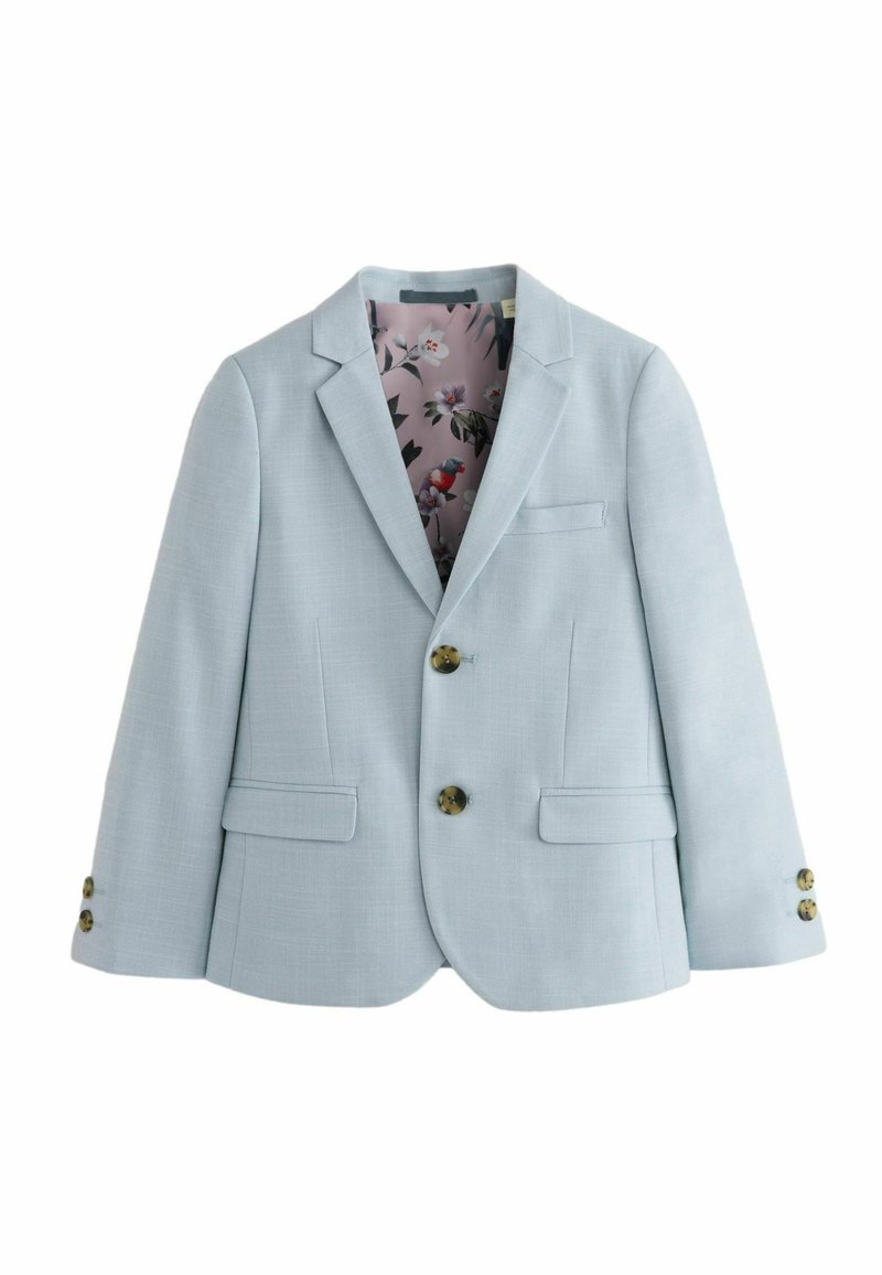 Blazer azzurro chiaro realizzato in tessuto testurizzato, con rever a punta, due tasche frontali e fodera con motivo floreale. Sono visibili tre bottoni.