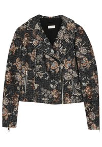 Blomster mønstrede sorte tweed motorcykeljakke med sølv lynlåse, en asymmetrisk front og en tekstureret finish. Har en klappet krave.