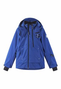 Blaue Outdoor-Jacke mit Kapuze, Frontreißverschluss, mehreren Taschen, schwarzen und reflektierenden Akzenten sowie elastischen Bündchen für einen sicheren Sitz.