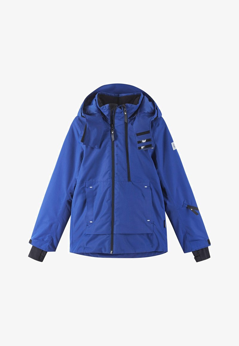 Blaue Outdoor-Jacke mit Kapuze, Frontreißverschluss, mehreren Taschen, schwarzen und reflektierenden Akzenten sowie elastischen Bündchen für einen sicheren Sitz.