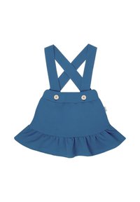 Niebieska bawełniana sukienka z skrzyżowanymi ramiączkami na ramionach, rozkloszowanym falbaniastym dołem oraz dwoma drewnianymi guzikami na linii talii.