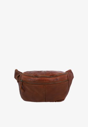 Sac banane en cuir marron avec deux compartiments zippés à l'avant et des détails cousus, isolé sur fond blanc.