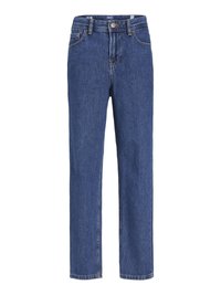 Modre denim široke hlače s srednjim pasom, oblikovane s petimi žepi in sprednjim gumbom. Gladka tekstura in minimalno bledenje.