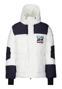 Pufferjacke in Weiß und Marineblau mit hohem Kragen, mehreren Taschen und einem großen gestickten Logo auf der Brust. Verfügt über einen strukturierten Stoff.