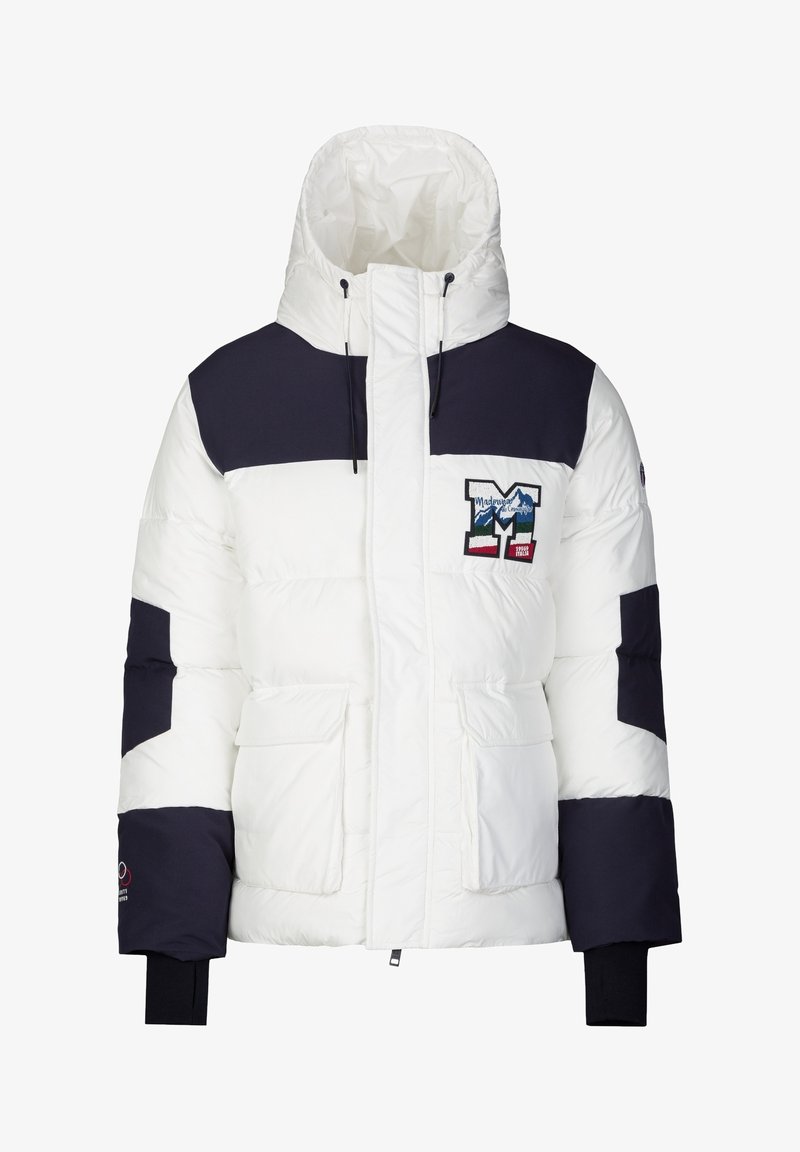 Pufferjacke in Weiß und Marineblau mit hohem Kragen, mehreren Taschen und einem großen gestickten Logo auf der Brust. Verfügt über einen strukturierten Stoff.