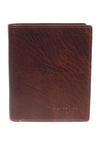 Brown leather wallet with a textured surface, bi-fold design, and embossed logo. Features visible stitching along the edges. Compact shape.