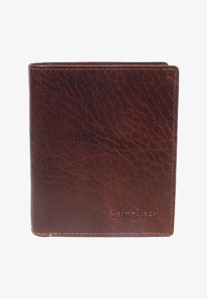 Brown leather wallet with a textured surface, bi-fold design, and embossed logo. Features visible stitching along the edges. Compact shape.