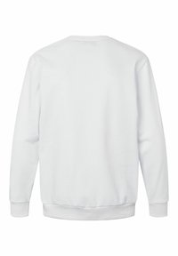 Bílá bavlněná mikina s dlouhými rukávy, kulatým výstřihem a žebrovanými manžetami. Hladká textura, jednoduchý design, bez viditelných vzorů nebo akcentů.