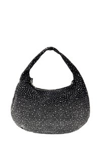 Borsa a spalla in tessuto nero, con forma arrotondata, dotata di chiusura con zip e decorata con piccoli borchiette d'argento in un motivo ombre.