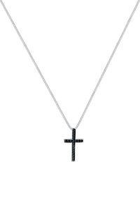 Sølv kædehalssmykke med et pendant af sort emalje i form af et kors, der har et elegant design og er prydet med små, mørke detaljer langs kanterne.