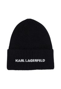 Gorro de punto negro con textura acanalada y un puño doblado. Presenta el texto bordado en gris claro "KARL LAGERFELD" en la parte frontal.