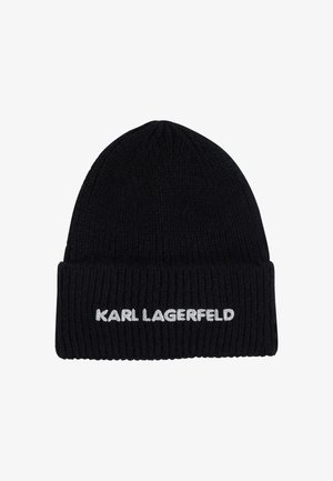 Căciulă tricotată neagră cu o textură ribbată și un tiv pliat. Prezintă textul brodat de culoare gri deschis "KARL LAGERFELD" pe partea din față.