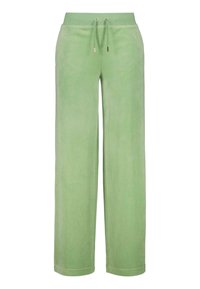 Pantalon vert à jambes larges fabriqué dans un matériau doux, présentant une taille élastique avec cordon de serrage et des accents en métal doré. Texture globale lisse.