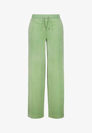 Zelene široke hlače iz mehkega materiala, z elastičnim pasom in vrvico ter z zlatimi dodatki. Splošna gladka tekstura.
