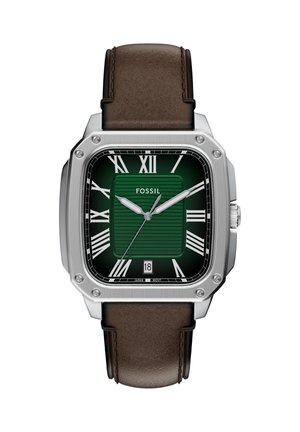 Quadratische silberne Uhr mit grünem Zifferblatt, weißen römischen Zahlen, Datumsfenster bei 6 Uhr und braunem Lederarmband, Marke Fossil.