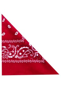 Bandana rouge à motifs paisley avec des motifs blancs, forme triangulaire, en coton, présentant des motifs floraux détaillés et des gouttes le long des bords.