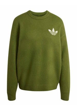 Vihreä neulottu pyöreäkaulainen paita pitkillä hihoilla ja valkoinen Adidas Trefoil -logo vasemmassa rinnassa.