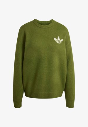 Vihreä neulottu pyöreäkaulainen paita pitkillä hihoilla ja valkoinen Adidas Trefoil -logo vasemmassa rinnassa.